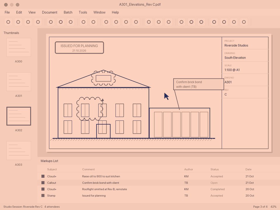 An elevation drawing marked up with comments, clouds and an approval stamp in PDF review software