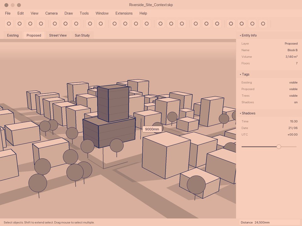 A proposed building modelled among its neighbours in a 3D site context model