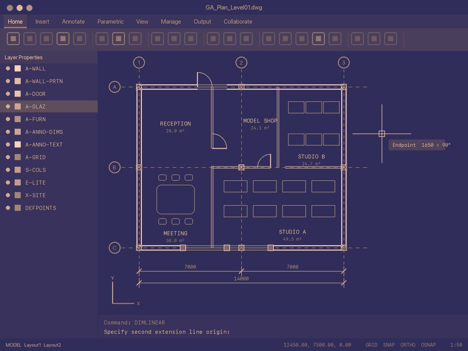 A studio floor plan drawn in CAD software, with layers and dimensions