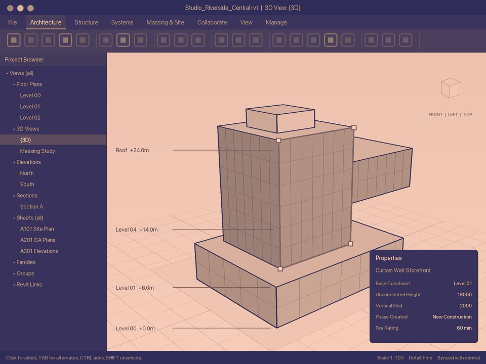 A 3D building model open in BIM software, with a curtain wall selected