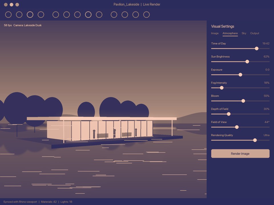 A glass pavilion glowing at dusk in real time rendering software